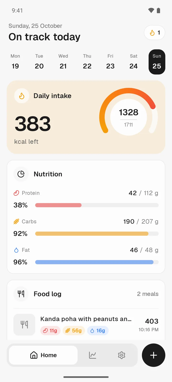 Home screen: 383 kcal left of 1711, with protein, carbs and fat bars